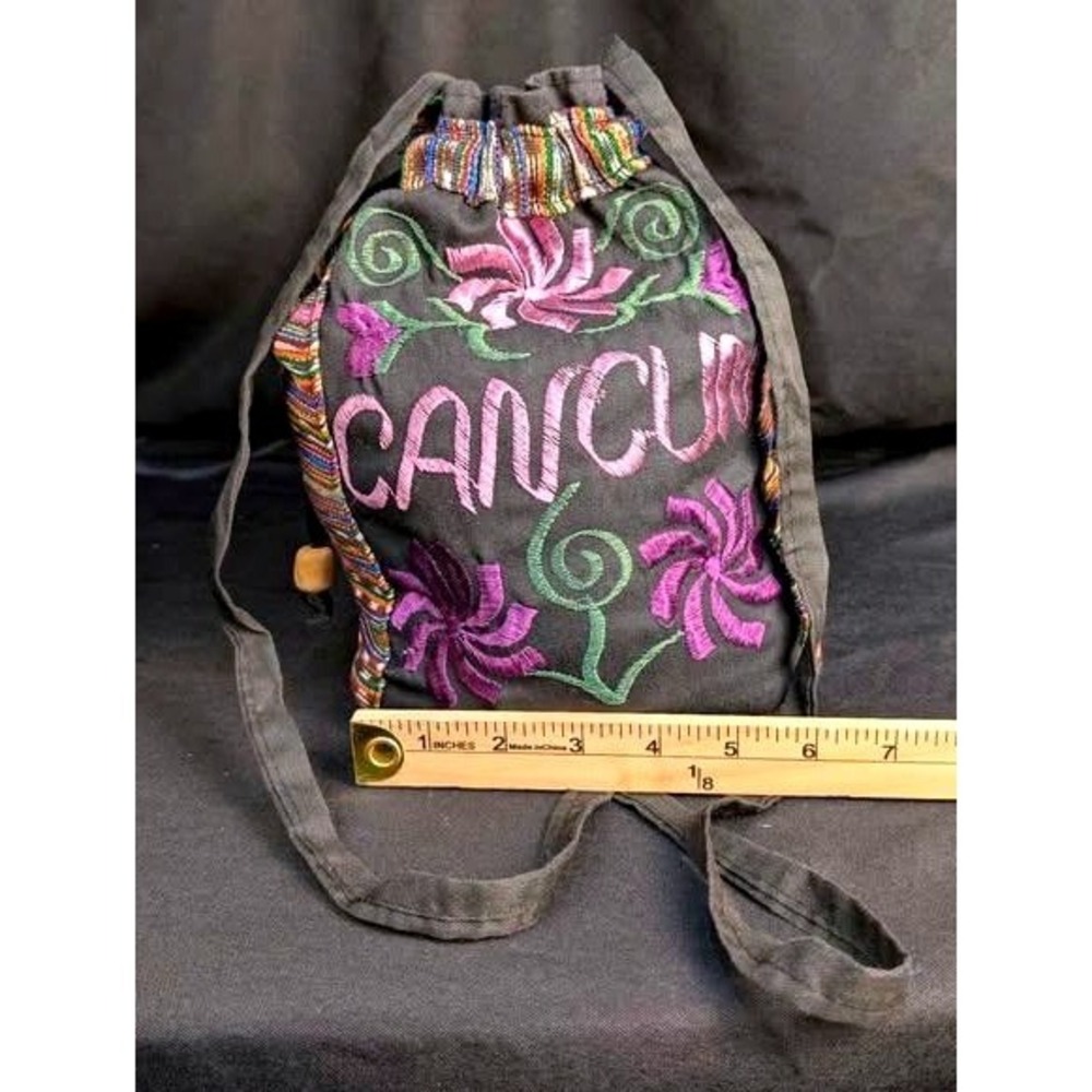 Vintage Cancun Mexico Embroidered Drawstring Bucket Bag Boho Artisanal Souvenir - Picture 4 of 15